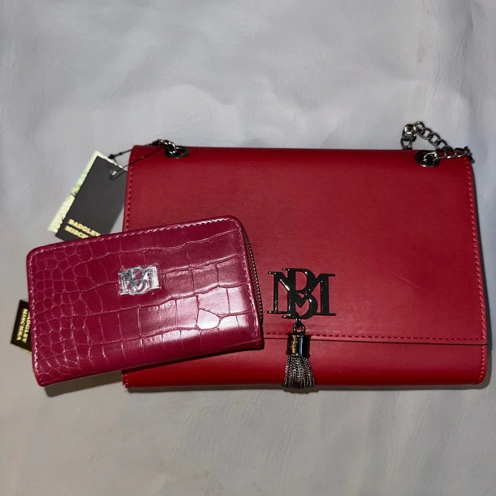 Badgley Mischka Bundle - Wine Red Purse and Croco Embossed Vegan Leather Wallet